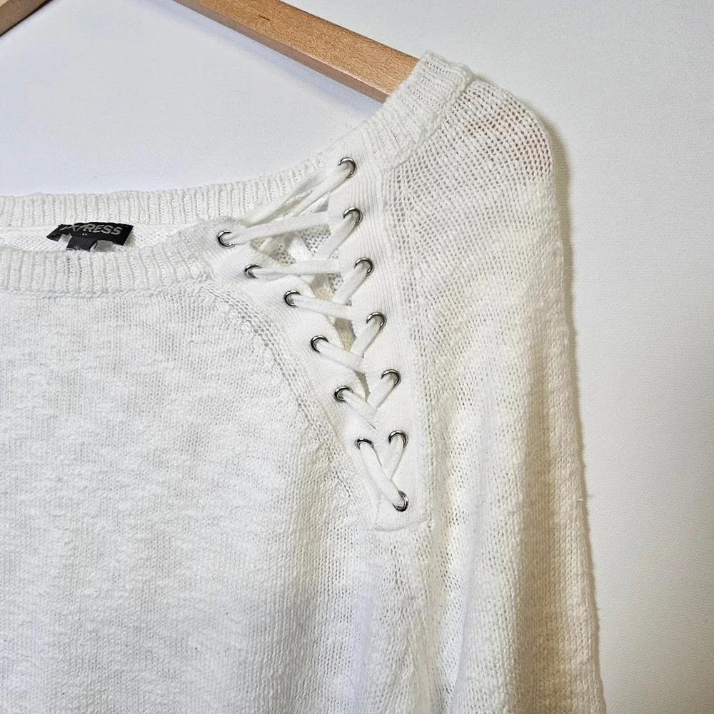 Express Sweater L Womens White Lace Up Shoulder Cotton Knit Cottagecore Coastal